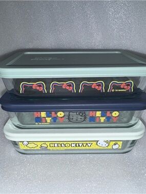 Pyrex® 3 piece Glass Storage Set: Hello Kitty®, Ribbons & Bows - NOS Rectangle